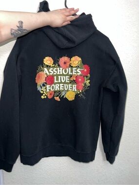 Black Floral Graphic Hoodie with Bold Slogan